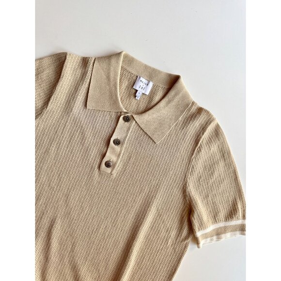 REISS x CHÉ Quinn Tan 100% Cotton Pointelle Knit Short Sleeve Polo Shirt, Size S - Picture 6 of 16